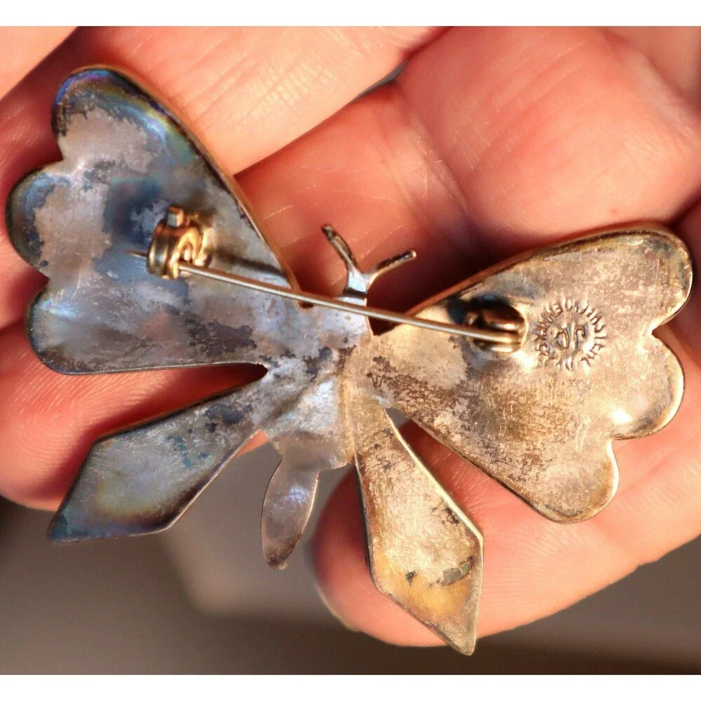 Vintage Mexican Sterling Butterfly Brooch Inlaid Abalone Signed JC Mexico